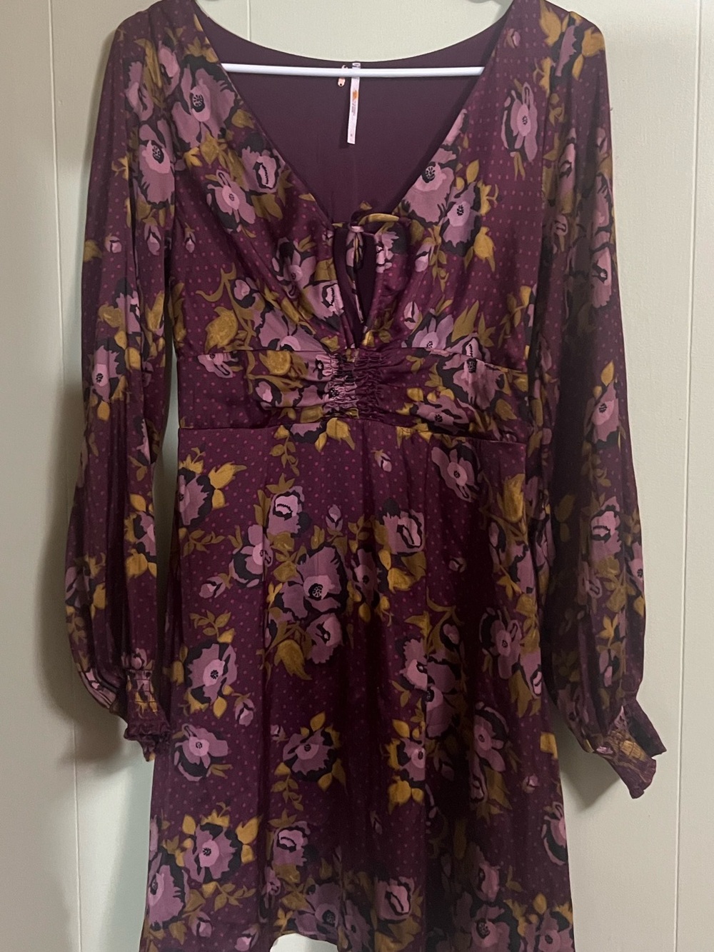 Free People Dress Morning Light Mini Purple Floral Smocked Keyhole Size 6